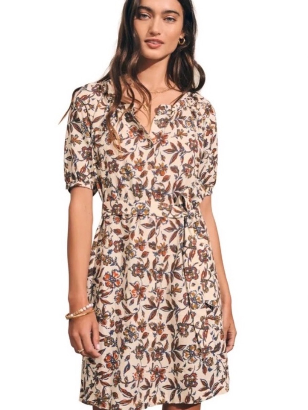 Faherty Floral Tie-Waist Short Sleeve Dress in Cream